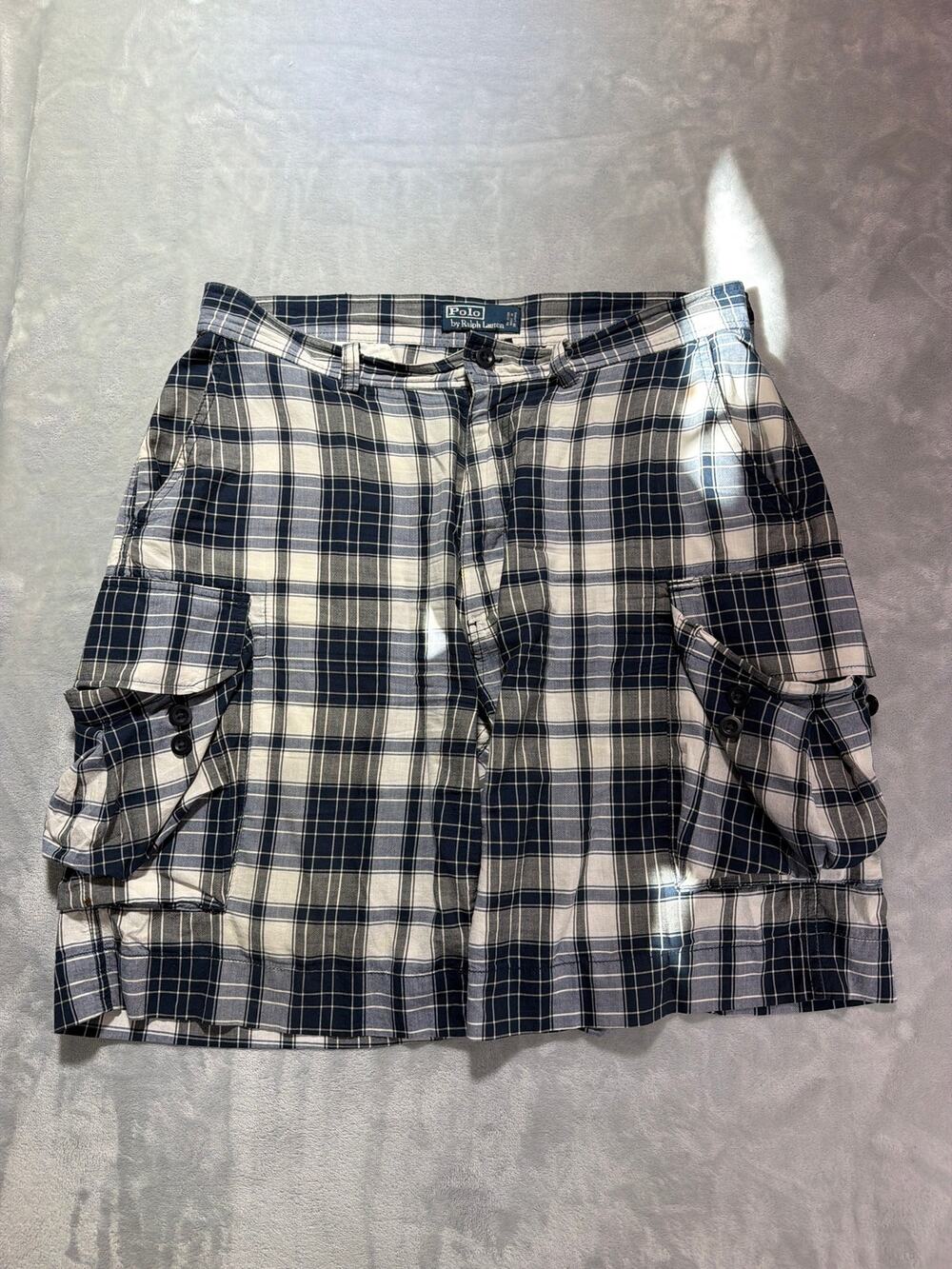 Polo by Ralph Lauren Men's Plaid Cargo Shorts – Navy & White Cotton, Size 36